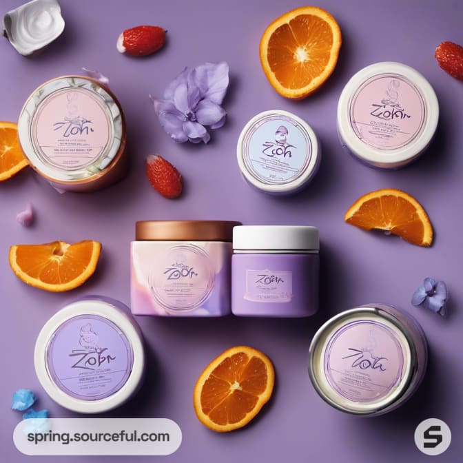 Various jars and lids with purple and orange theme, surrounded by fruit slices on a lavender background.