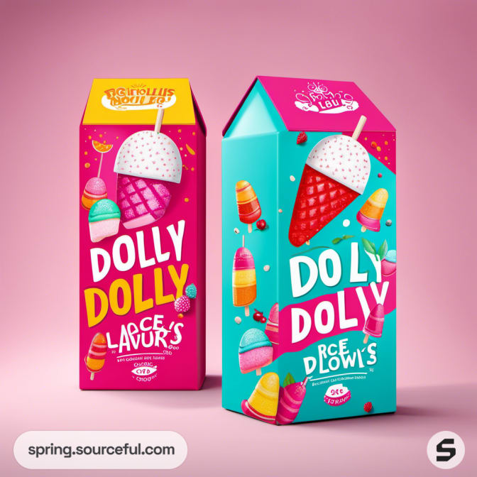 Colorful ice cream cartons with vibrant graphics on pink background.