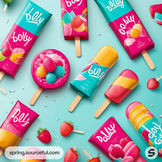 Assorted ice cream bars and packaging on blue background with strawberries.