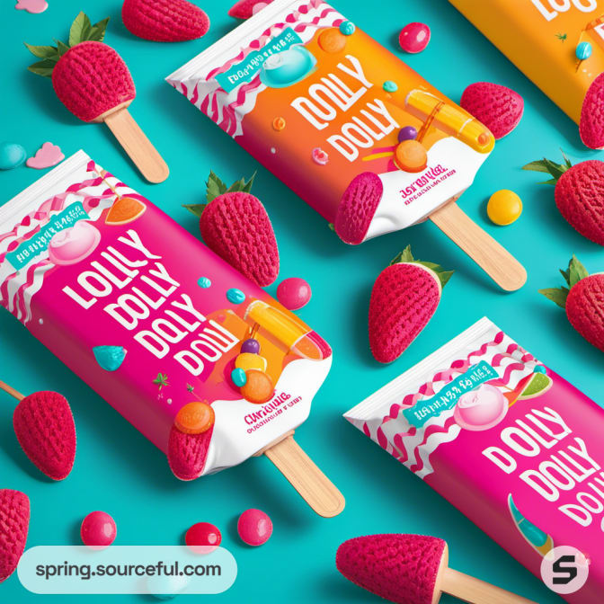 Bright ice cream wrappers with strawberry decorations on teal background.
