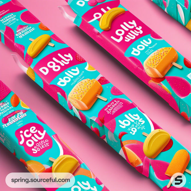 Close-up of ice cream bar packaging with fruity graphics on pink background.
