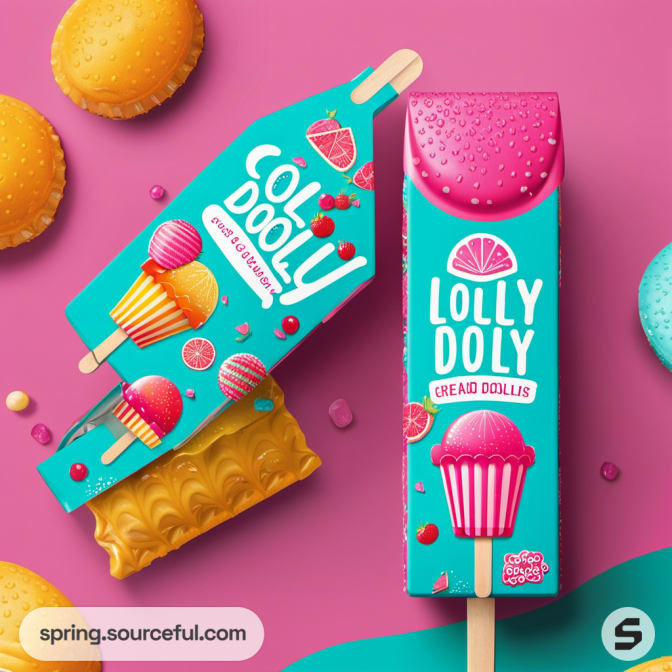 Ice cream bar with colorful packaging on pink and teal background.