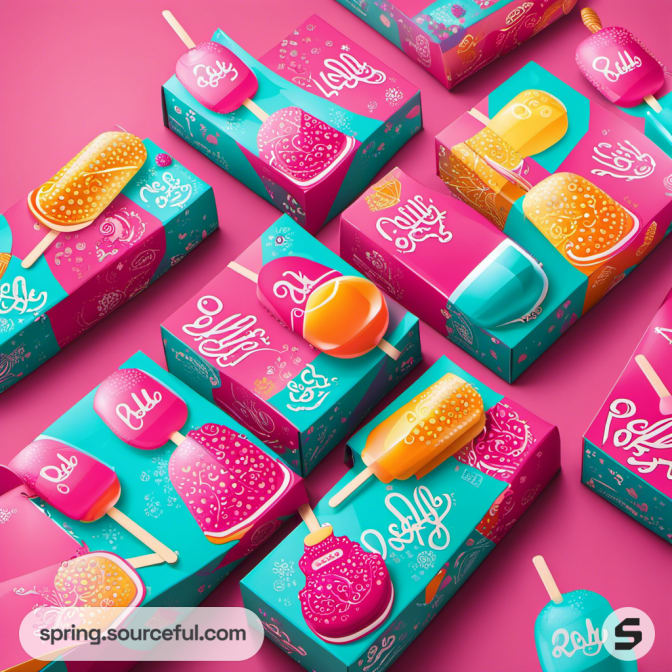 Variety of ice cream boxes with vibrant designs on pink background.