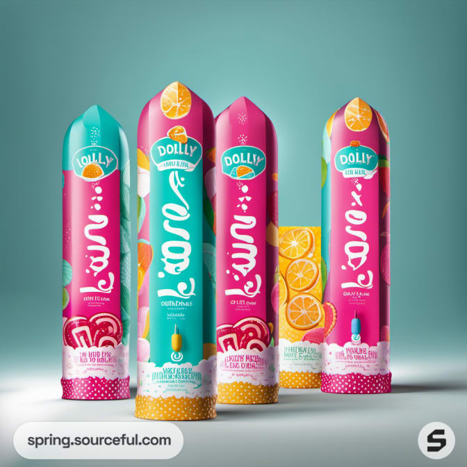 Tall ice cream wrappers with fruit designs on light blue background.