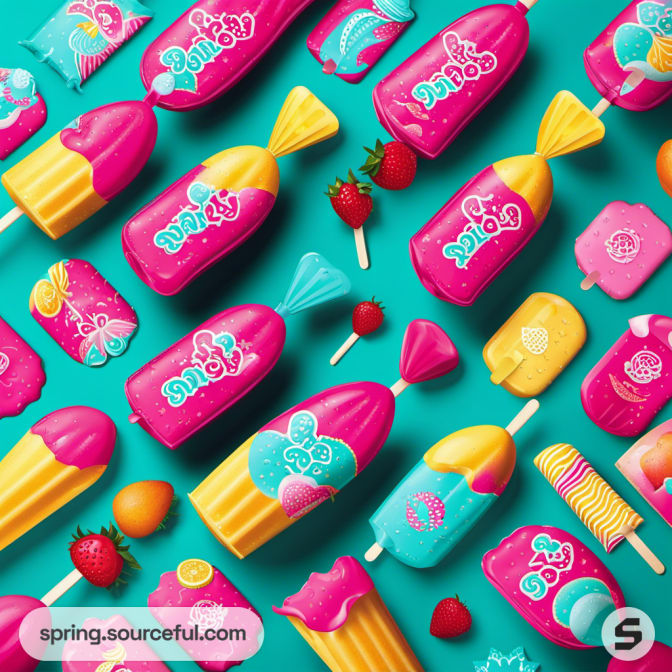 Assorted ice creams and wrappers on teal background with strawberries.