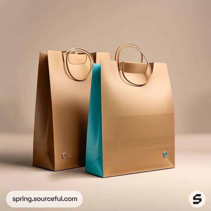 Brown paper bags with curved handles and teal accents on a beige background.