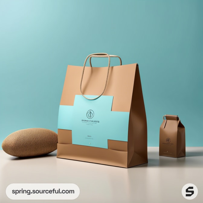 Tan gift bag with teal accent and round handle, next to a small tan pouch.