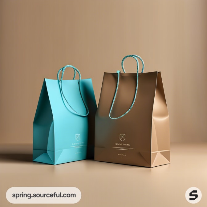 Brown and teal gift bags with text, placed on a beige background.