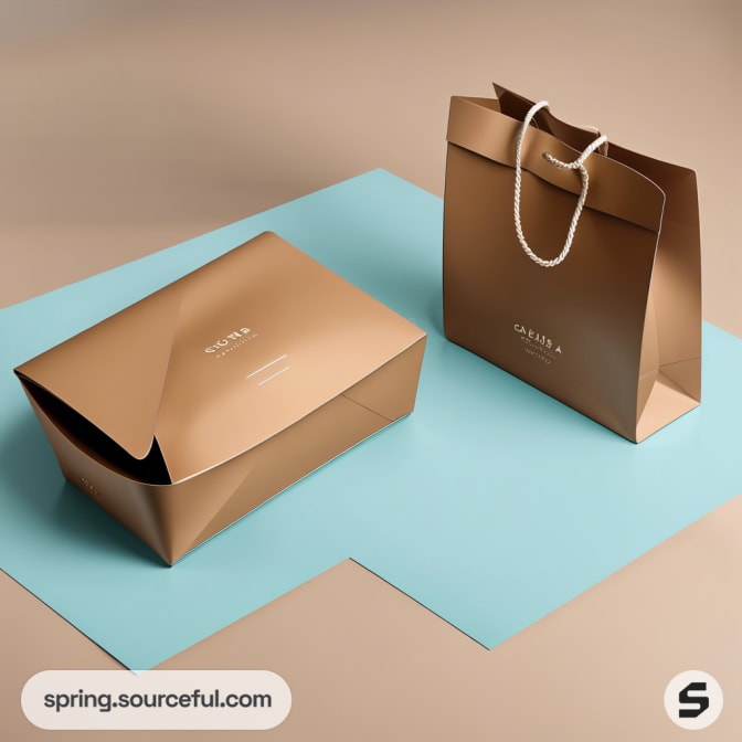 Brown paper bag and box on teal paper backdrop.