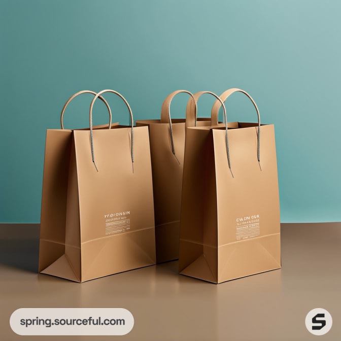 Three brown paper bags with circular handles on beige surface.