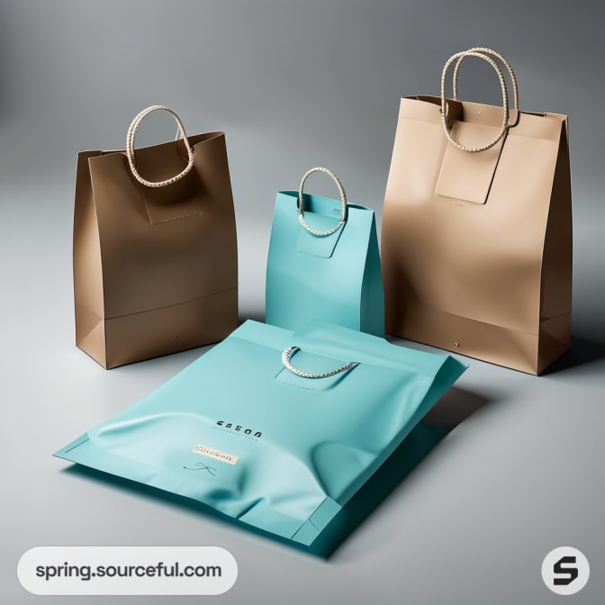 Brown and teal paper bags with rounded handles on grey background.