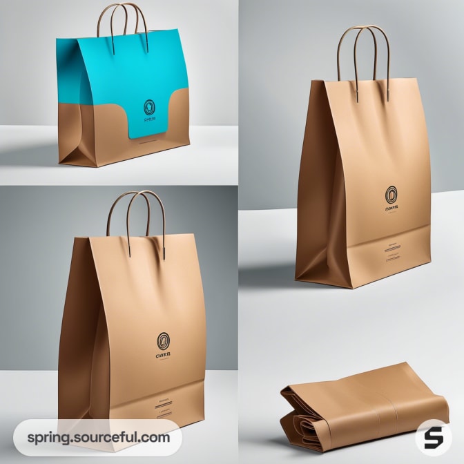 Collage of brown and teal paper bags with handles.