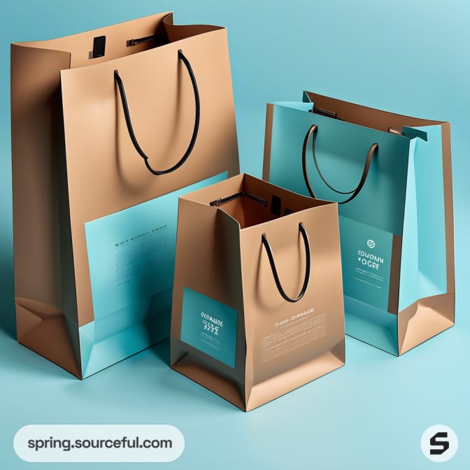 Set of three brown and teal paper bags with black handles.