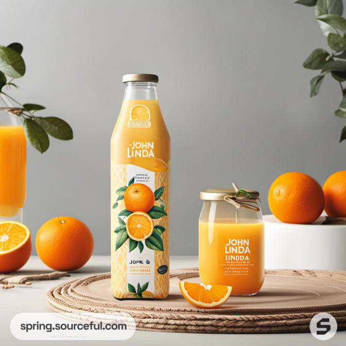 Glass bottle with orange juice, surrounded by oranges on a woven mat.