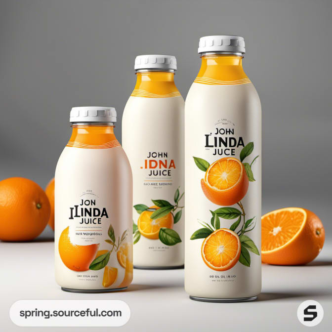 Three sealed bottles of orange juice with orange and leaf illustrations.