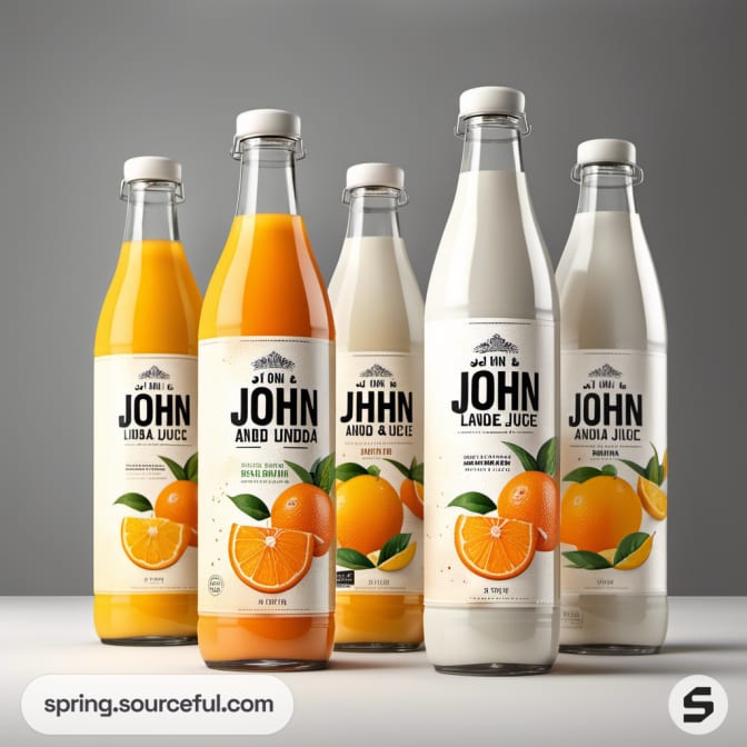 Five glass bottles of various juices with orange labels and illustrations.