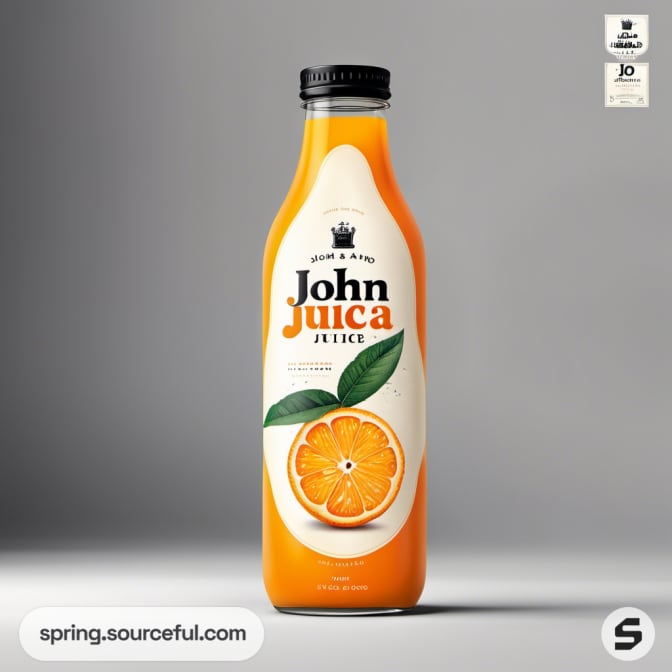 Single orange juice bottle with a crown emblem and orange slice illustration.