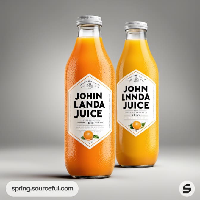 Two glass bottles of orange juice with hexagonal labels.