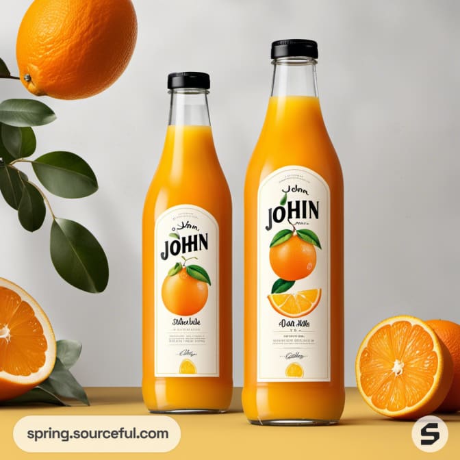 Two glass bottles of orange juice surrounded by oranges and leaves.