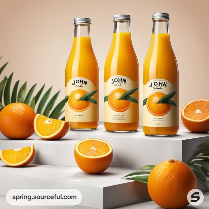 Three bottles of orange juice with orange illustrations and whole oranges.