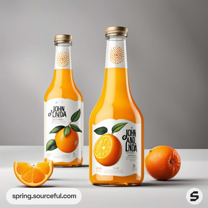 Two glass bottles of orange juice with leaf and orange illustrations.