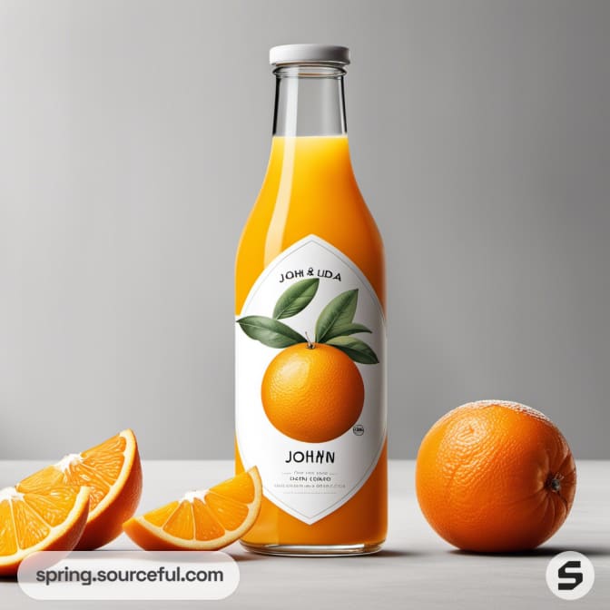 Single bottle of orange juice with graphic orange and leaf, sliced oranges.