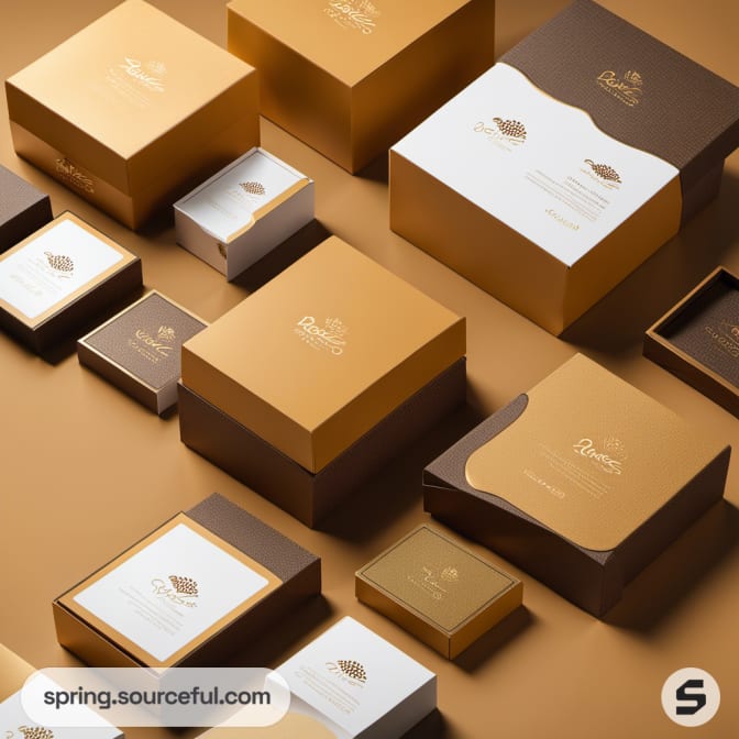 Brown and gold elegant gift boxes arranged on a surface.