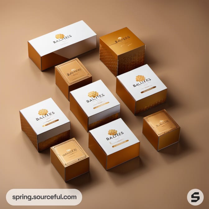 White and gold packaging boxes with a honey motif.