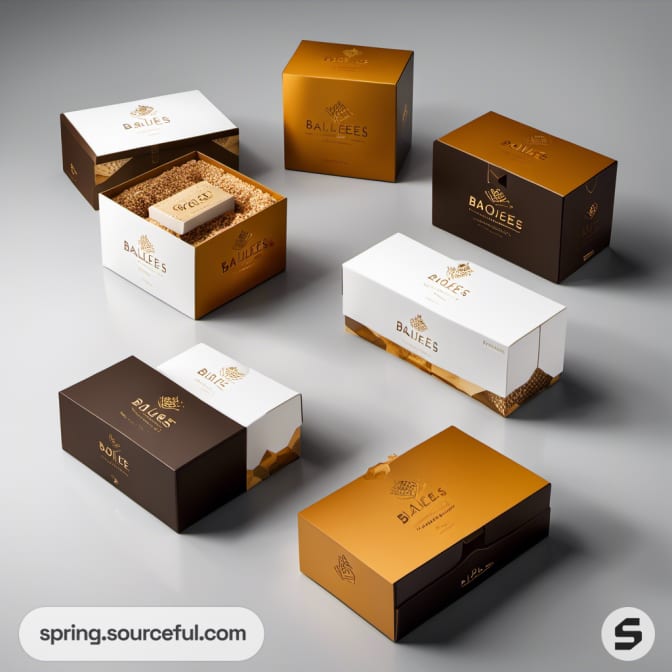 Assorted brown and white honey-themed packaging boxes.