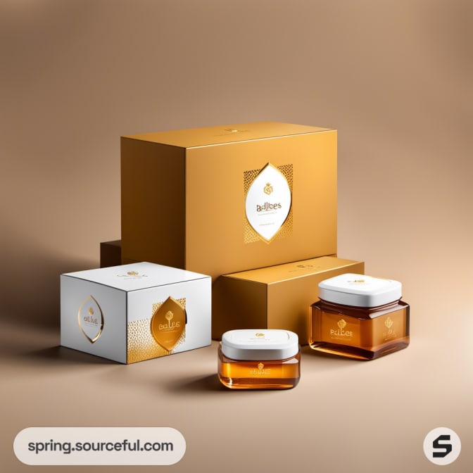 Gold and white packaging with jars of honey.