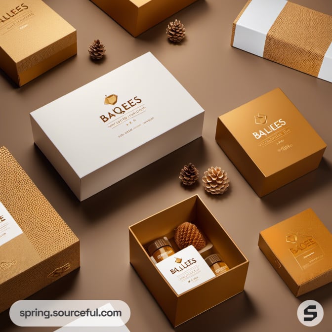 Brown and gold packaging with a honeycomb design.