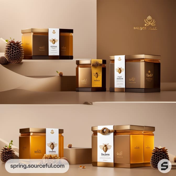 Jars of honey with elegant brown and gold packaging.