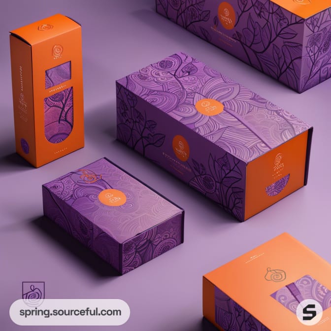 Purple and orange geometric and floral box designs on a flat surface.