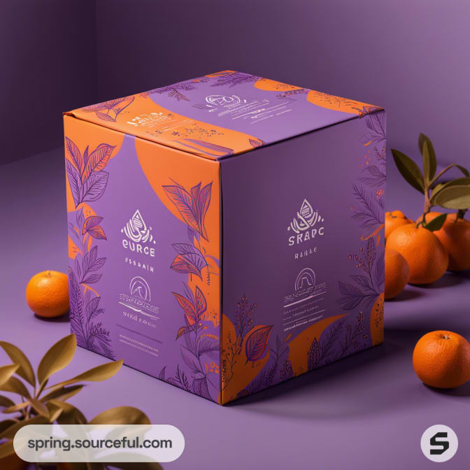 Square purple and orange box with floral design next to oranges.