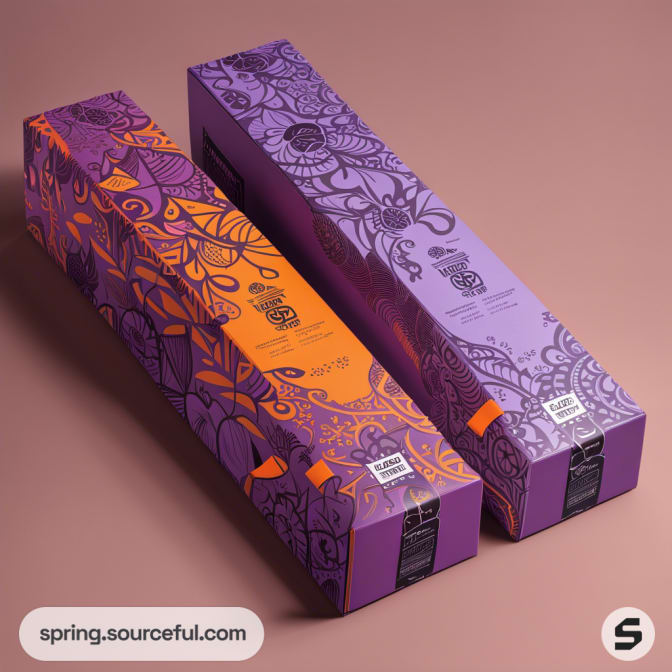 Two elongated boxes in purple and orange with floral patterns.