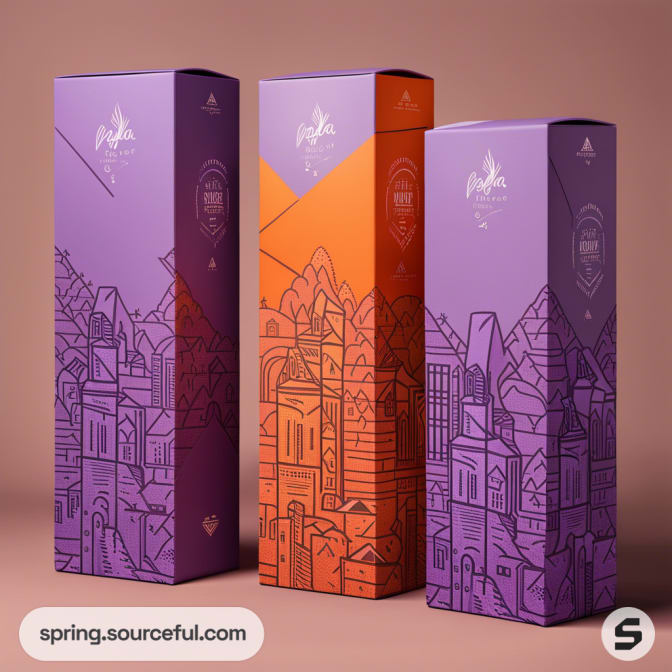 Three tall boxes with architectural designs in purple and orange.