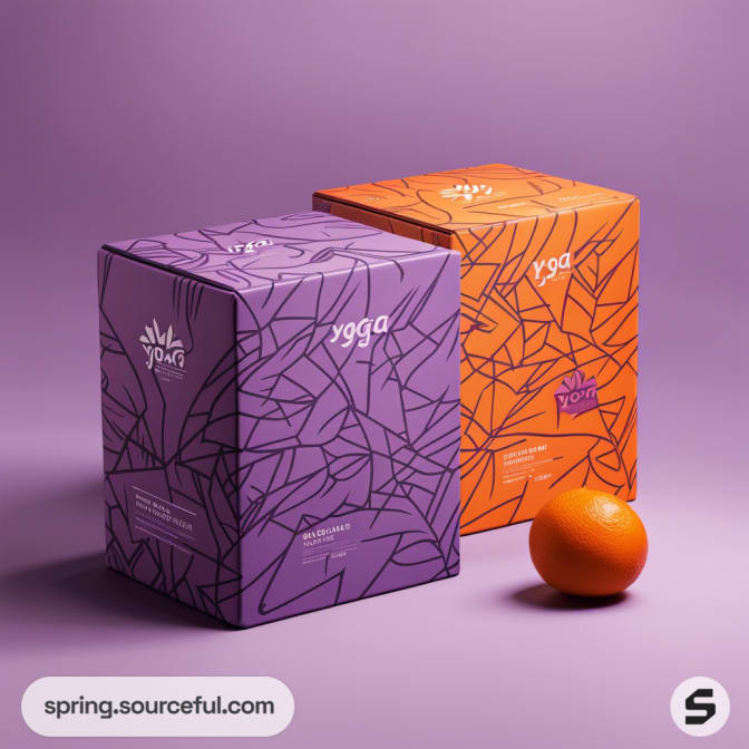 Two square boxes in purple and orange with geometric patterns.