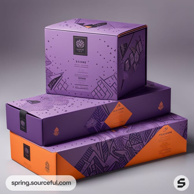 Stacked purple and orange boxes with dotted and geometric designs.