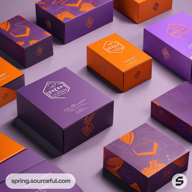 Various small purple and orange boxes with geometric pattern on surface.