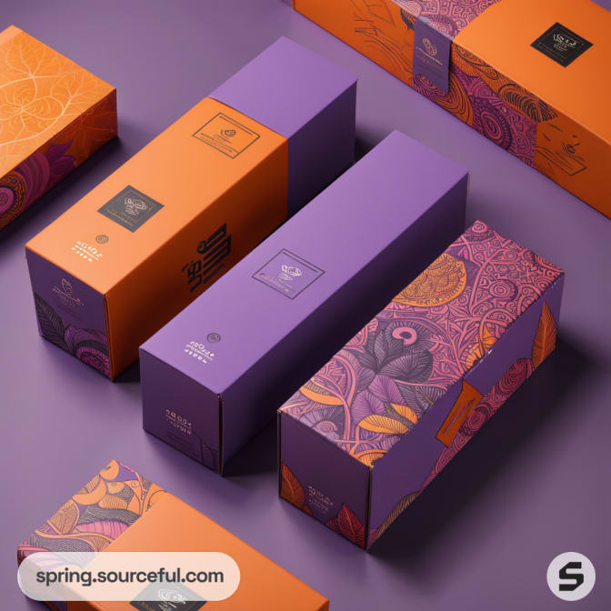 Orange and purple boxes with detailed floral and geometric patterns.