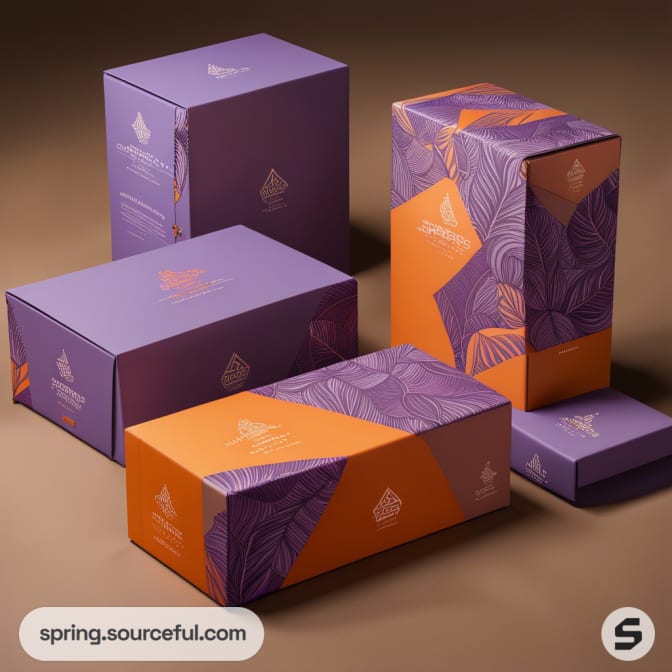 Array of purple and orange boxes with floral and geometric patterns.