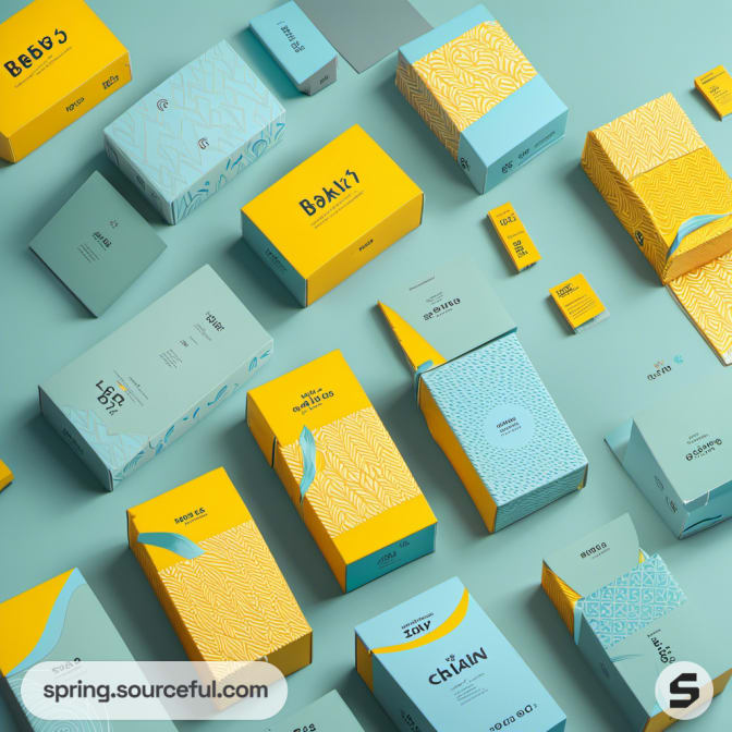 Assorted yellow and blue packaging boxes with abstract designs on a mint surface.