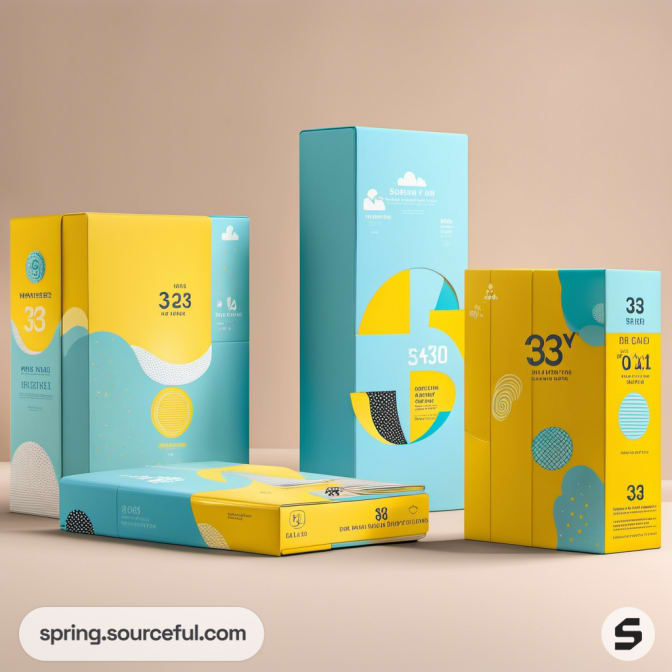 Tall and flat packaging boxes in blue and yellow with abstract designs on a tan background.