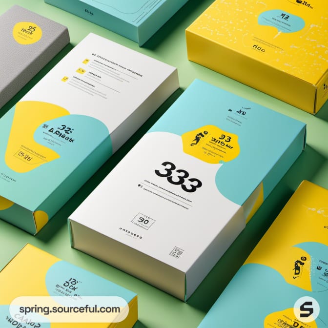 Variety of boxes with numbers and abstract designs in blue, yellow, and white on a green surface.
