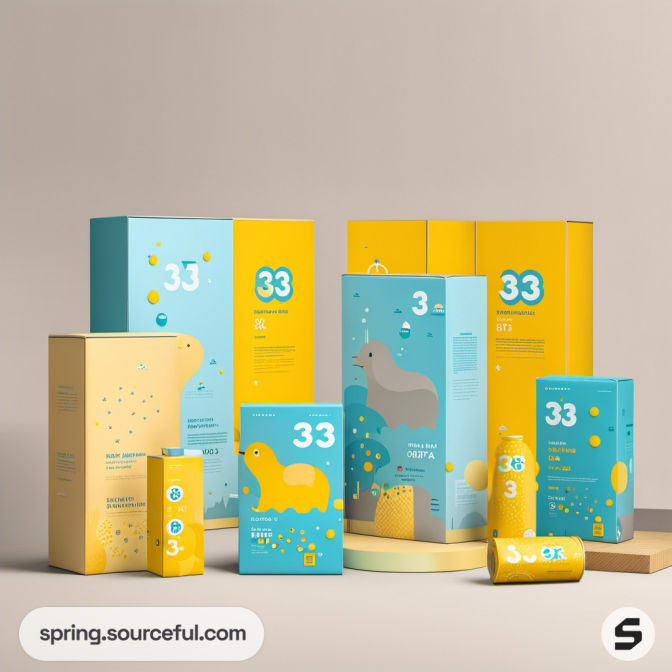 Diverse packaging with cute animal designs in blue and yellow on a brown backdrop.