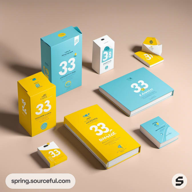 Blue and yellow packaging boxes with numbers and text on a brown surface.