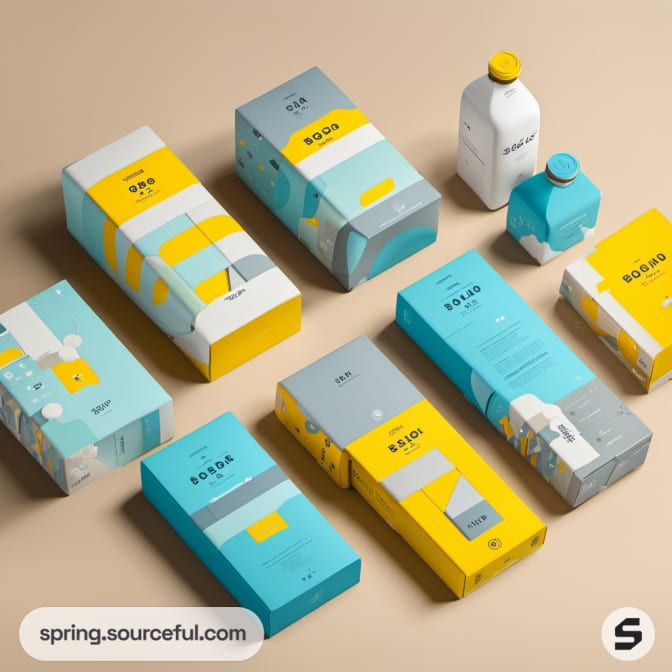 Assorted packaging including bottles and boxes in blue and yellow on a tan background.