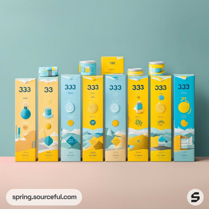 Tall packaging boxes with various illustrations in blue, yellow, and white on a dual-colored surface.