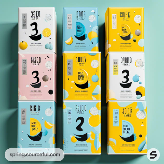 Nine packaging boxes with playful designs in pastel blue, yellow, and pink on a green background.