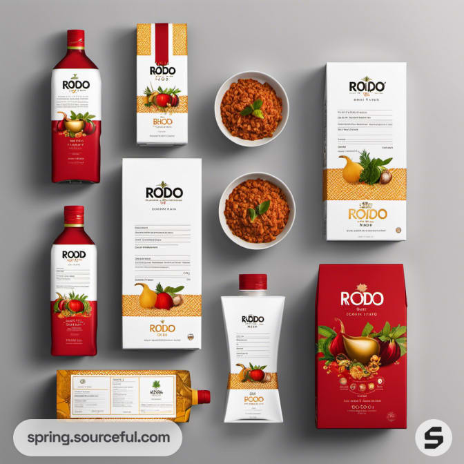 Assorted food packages with red and white designs, including bottles and pouches.